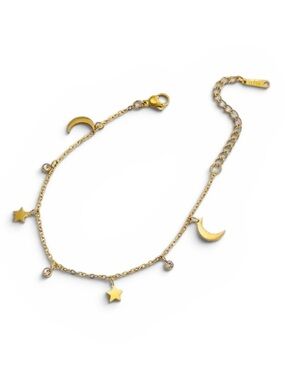 18k Gold Plated CZ Charm Bracelet with Star and Moon. New.